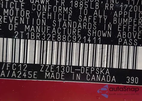 2008 Toyota Corolla S from USA, damaged, VIN 2T1BR32E88C921411